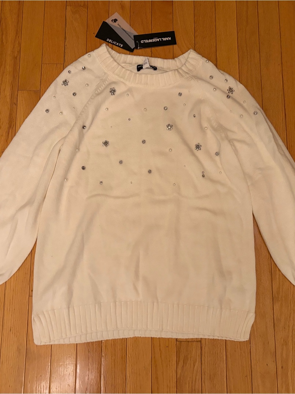 Karl Lagerfeld Cream Crewneck Sweater with Crystal pearl Embellishments